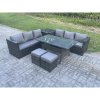 Fimous PE Wicker Outdoor Garden Furniture Set Patio Rattan Rectangular Dining Table Lounge Sofa with 2 Small Footstool Side Table 8 Seater Dark Grey Mixed