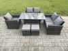 Fimous Wicker Rattan Garden Dining Set Outdoor Furniture Sofa with Dining Table Double Seat Sofa 2 Small Footstools Dark Grey Mixed