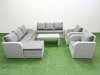 Fimous PE Rattan High Back Lounge Sofa Set Patio Oblong Coffee Table & Chairs Set with 3 Seater Sofa Reclining Chair Big Footstool Side Table Light Grey