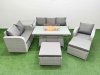 Fimous Patio PE Wicker 8 Seater Outdoor Rattan Furniture Sofa Sets with Firepit Dining Table Reclining Chair Loveseat Sofa 3 Seater Sofa 2 Big Footstools Side Table Light Grey