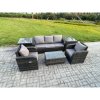 Fimous Outdoor Rattan Garden Furniture Set Patio Lounge Sofa Set with Reclining Chair Rectangular Coffee Table 2 Side Tables Dark Grey Mixed