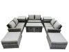 Fimous Outdoor Love Sofa Set 10 Seat Rattan Garden Furniture Set with Oblong Coffee Table 4 Stools 2 Side Table Dark Grey Mixed