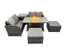 Fimous 6-seater Patio Gas Firpit Dining Table Sofa Sets Rattan Garden Furniture Dining Set with 2 Big Stools Side Tables Dark Grey Mixed