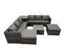 Fimous 8 Seater Garden Outdoor Rattan Furniture Set Patio Corner Sofa Coffee Table with 2 Big Stools Dark Grey