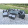Fimous Outdoor Garden Furniture Set Patio Rattan Rectangular Dining Table Lounge Sofa Chair with 2 Side Table Big Footstool 2 Small Stools 8 Seater Dark Grey Mixed