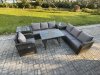 Fimous Outdoor Lounge Sofa Set Wicker PE Rattan Garden Furniture Set with Rectangular Dining Table Reclining Chair 2 Side Tables Dark Grey Mixed