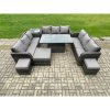 Fimous Garden Dining Sets Outdoor Rattan Furniture Lounge Sofa Height Adjustable Rising lifting Table With Side Table 3 Footstools Dark Grey Mixed
