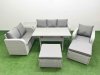 Fimous Patio PE Wicker 8 Seater Outdoor Rattan Furniture Sofa Sets with Rectangular Dining Table Reclining Chair Loveseat Sofa 3 Seater Sofa 2 Big Footstools Side Table Light Grey