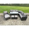 Fimous 10 Seater Outdoor Rattan Garden Furniture Set Oblong Rectangular Dining Table and Chairs Set with 3 Seater Sofa 3PC Footstools Side Table Dark Grey Mixed