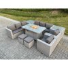 Fimous Light Grey Rattan Fire Pit Garden Furniture Set Gas Heater Burner Lounge Sofa Dining Set 2 Coffee Table Chairs Stools