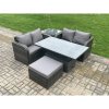Fimous Outdoor Rattan Furniture Garden Dining Set Height Adjustable Rising lifting Table Love Sofa Set With Side Table Big Footstool Dark Grey Mixed