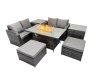 Fimous 6-seater Patio Gas Firpit Dining Table Sofa Sets Rattan Garden Furniture Dining Set with 2 Big Stools 2 Side Tables Dark Grey Mixed