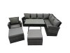 Fimous 9 Seater Garden Outdoor Rattan Furniture Set Rattan Corner Sofa Oblong Dining Table with Armchair 2 Big Footstools Dark Grey