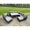 Fimous 9 Seater Outdoor Rattan Garden Furniture Set Oblong Rectangular Dining Table and Chairs Set with 3 Seater Sofa 2 Big Footstool Side Table Dark Grey Mixed