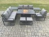 Fimous Aluminium 8 Pieces Garden Furniture Sofa Set with Cushions 9 Seater Gas Fire Pit Dining Table Set with 2 Side Tables 2 Small Footstools Dark Grey