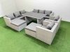 Fimous 10 Seater Wicker PE Rattan Furniture Outdoor Dining Table 3 Seater Sofa Armchair Set with 2 Big Stools Light Grey