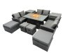 Fimous Outdoor Love Sofa Set 10 Seat Rattan Garden Furniture Set with Gas Firpit Dining Table 4 Footstools 2 Side Table Dark Grey Mixed