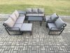 Fimous Aluminium Outdoor Garden Furniture Set 9 Seater Garden Sofa with Oblong Coffee Table Big Footstool Side Table Dark Grey