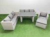 Fimous Patio Garden Furniture Sets with Black Glass Top Dining Table 3 Seater Sofa Armchair Big Stool Light Grey
