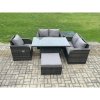 Fimous Wicker PE Rattan Furniture Garden Dining Set Outdoor Height Adjustable Rising lifting Table Love Sofa With Reclining Chair Side Tables Big Footstool