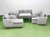 Fimous PE Rattan Garden Furniture Set Outdoor Rectangular Dining Table Sofa Set with Reclining Chair 3 Stool Side Table Light Grey