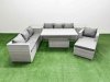 Fimous 7 PCs Rising Dining Table Set Rattan Furniture Set with 3 Seater Sofa Chair 2 Side Tables Big Footstool Light Grey