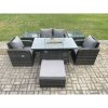 Fimous Rattan Garden Furniture Set Outdoor Patio Gas Fire Pit Dining Table and Chairs with 2 Side Tables Love seat Sofa Footstool