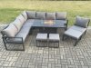 Fimous Aluminium Lounge Corner Sofa Outdoor Garden Furniture Sets Gas Fire Pit Dining Table Set with 3 Footstools Dark Grey