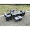 Fimous Rattan Outdoor Furniture Gas Fire Pit Rectangle Dining Table Gas Heater Chairs Two Seater Love Sofa Sets Footstools 6 Seater