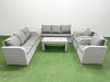 Fimous PE Rattan High Back Lounge Sofa Set Patio Oblong Coffee Table & Chairs Set with 3 Seater Sofa Reclining Chair 2 Side Table Light Grey