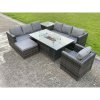 Fimous Rattan Garden Corner Furniture Gas Fire Pit Table Dining Sets Gas Heater Lounge Chair Big Footstool Side Coffee Table