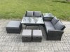 Fimous 7 Seater Garden Dining Set Wicker PE Rattan Outdoor Furniture Sofa with Rectangular Dining Table Double Seat Sofa 3 Footstools Side Table Dark Grey Mixed