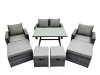 Fimous 8 Seater Wicker PE Rattan Furniture Outdoor Dining Table Double Seat Sofa 4 Stools Set Dark Grey Mixed