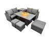 Fimous 7-seater Patio Gas Firpit Dining Table Sofa Sets Rattan Garden Furniture Dining Set with 3 Stools Side Table Dark Grey Mixed