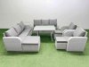 Fimous Rattan High Back Lounge Sofa Set Patio Dining Table & Chairs Set with 3 Seater Sofa 2 Reclining Chairs Side Table 3 Stool Light Grey