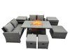 Fimous Outdoor Love Sofa Set 7 Seat Rattan Garden Furniture Set with Gas Firpit Dining Table 3 Footstools 2 Side Table Dark Grey Mixed