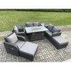 Fimous 8 Seater Rattan Garden Furniture Set Outdoor Propane Gas Fire Pit Table and Sofa Chair set with 2 Side Tables 2 Big Footstool
