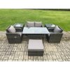 Fimous Outdoor Rattan Garden Furniture Lounge Sofa Set With Oblong Rectangular Dining Table 2 PC Reclining Chair 2 PC Side Table Big Footstool