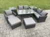 Fimous Outdoor Garden Dining Set Wicker PE Rattan Furniture Sofa with Rectangular Dining Table Double Seat Sofa 2 Side Tables 2 Big Footstool Dark Grey Mixed