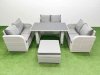 Fimous 7 Seater Patio Garden Furniture Sets with Black Glass Top Dining Table Love Sofa Big Stool Light Grey