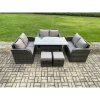 Fimous 8 Seater Outdoor Rattan Garden Furniture Set with Patio Rectangular Dining Table Love Sofa 2 Small Footstools Dark Grey Mixed