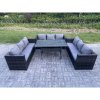 Fimous 9 Seater Outdoor Wicker Garden Furniture Rattan Lounge Sofa Set Patio Rectangular Dining Table Three Seater Sofa Dark Grey Mixed