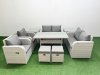 Fimous 8 Seater Outdoor Reclining Chair Love Sofa Set Rattan Garden Furniture Set with Rectangular Dining Table 2 Stools 2 Side Table Light Grey
