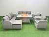Fimous PE Rattan High Back Lounge Sofa Set Patio Firepit Dining Table & Chairs Set with 3 Seater Sofa Reclining Chair Big Footstool 2 Side Table Light Grey