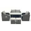 Fimous Outdoor Garden Furniture Set Rattan Sofa Dining Table Set with Reclining Chair 2 Small Footstool Dark Grey Mixed