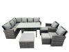 Fimous 11 Seat Rattan High Back Corner Sofa Set Patio Dining Table Set with 3 Stools 2 Chair Dark Grey Mixed