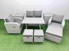 Fimous Light Grey PE Wicker Rattan Garden Furniture Set Sofa Set Reclining Chair Love Sofa Rectangular Dining Table 3 Stools 2 Side Tables