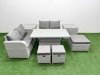 Fimous 7 Seater Outdoor Love Sofa Set Rattan Garden Furniture Set with Adjustable Lifting Dining or Coffee Table 3 Footstool 2 Side Tables Light Grey