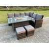 Fimous High Back Rattan Garden Furniture Sets Gas Fire Pit Dining Table Set Gas Heater Right Corner Sofa Small Footstools 8 Seater