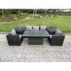 Fimous Rattan Garden Furniture Sofa Set Outdoor Adjustable Rising Lifting Dining Table Set with 2 Armchairs 2 Side Tables Dark Grey Mixed